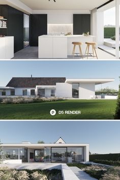 three different views of a modern house from the front and back, with an open floor plan