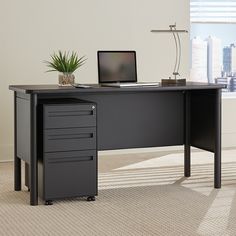 an office desk with a laptop on it and a potted plant in the corner