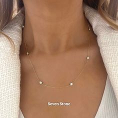 This delicate necklace is utter perfection. Available with three stones, five stones, or seven stones. Brilliant cut diamonds are gently stationed along a dainty gold chain, creating a floating illusion along the neckline. The subtle essence of this necklace makes it ideal for everyday wear, or layering! There’s no going wrong with this phenomenal piece. This is the perfect gift for a bride-to-be! Handcrafted by our talented jewelers in Dallas, TX Metal: 14k White Gold / 14k Yellow Gold Round Br Diamonds By The Yard Necklace, Diamonds By The Yard, Dainty Gold Chain, Collar Chain, Three Stone Diamond, Diamond Chain, Bridal Bands, Band Bracelet, Tennis Necklace