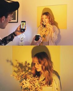 two pictures one with flowers and the other with a cell phone in it's hand