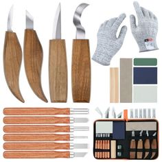 an assortment of kitchen utensils including knives, spatulas and gloves