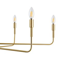 three light brass chandelier with white glass bulbs and gold metal arms, on a white background