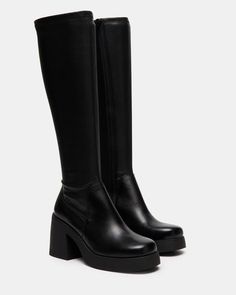 Long Black Platform Boots, Chunky Boots Steve Madden, Black Boot Going Out Outfit, Black Boots High Knee, H&m Boots Black, Steve Madden High Boots, Classy Platform Heels, Black Knee High Platform Boots, Everyday Black Boots