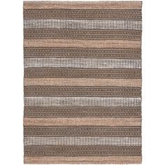 a brown and white rug with stripes on the bottom, in front of a white background