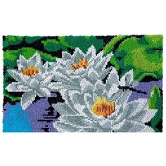 two white water lilies with green leaves in the pond hooked up to a door mat