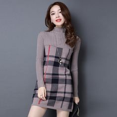 Sweater Jumper Dress, Knitted Sweater Dress, Winter Turtleneck, Autumn Sleeve, Womens Sheath Dress, Plaid Outfits, Turtleneck Long Sleeve, Winter Dress, Short Mini Dress