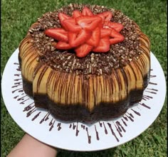 a chocolate cake with strawberries on top is being held by someone's hand