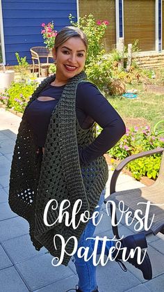 a woman wearing a crochet vest with the words cheesy vest pattern on it