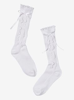 Keep your look coquette with the perfect pair of socks! They feature lettuce trim up top and down the side  plus a matching white satin ribbon on each side.Fits sock size 5 - 10PolyesterWash cold; dry low	Imported Fitted Lace Trim Socks For Summer, Summer Lace Trim Fitted Socks, Fitted White Ruffled Socks, Thigh High Socks Aesthetic, White Frilly Socks, White Thigh High Socks, White Thigh Highs, Lace Leg Warmers, Fancy Socks