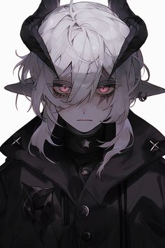 an anime character with white hair and horns on his head, wearing a black jacket