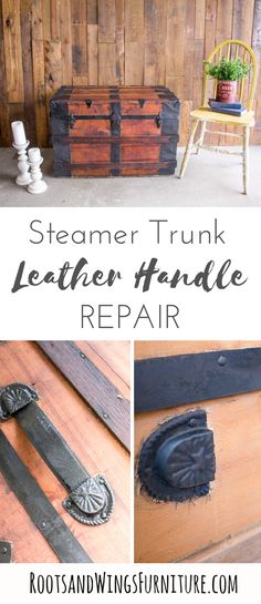 an old trunk is repurposed with leather and some other things to make it look like