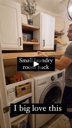 a man standing in front of a washer next to a dryer with the words small laundry room hack i big love this