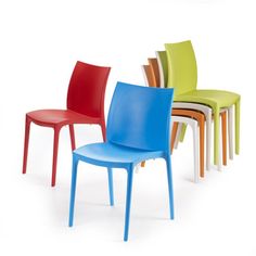 four different colored plastic chairs sitting next to each other