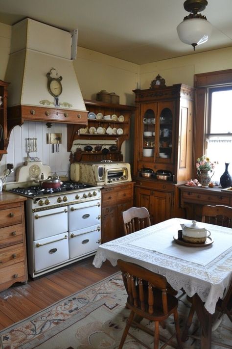 14 Victorian Kitchen Interior Ideas You Have To See! - My Decor Inspo 1860s Interior Design, Folk Victorian Farmhouse Kitchen, Kitchen Historic Home, Tiny Victorian Kitchen, Traditional Interior Kitchen, Colorful Victorian Kitchen, 1906 House Interior, Traditional Victorian Kitchen, Old House Style Interiors