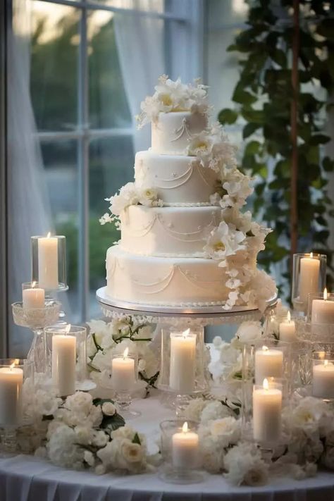 Wedding Cake Table Ideas: Elegant Displays to Sweeten Your Special Day - OMG Hitched Wedding Cake Decorations Table, Elegant Cake Wedding, Table Cake Decoration Ideas Wedding, Wedding Cake With Candles, Wedding Cakes With Flowers Elegant, Dessert Table Ideas Wedding Elegant, Cakes Wedding Elegant, Wedding Cake Inspo Elegant, Luxurious Wedding Cake