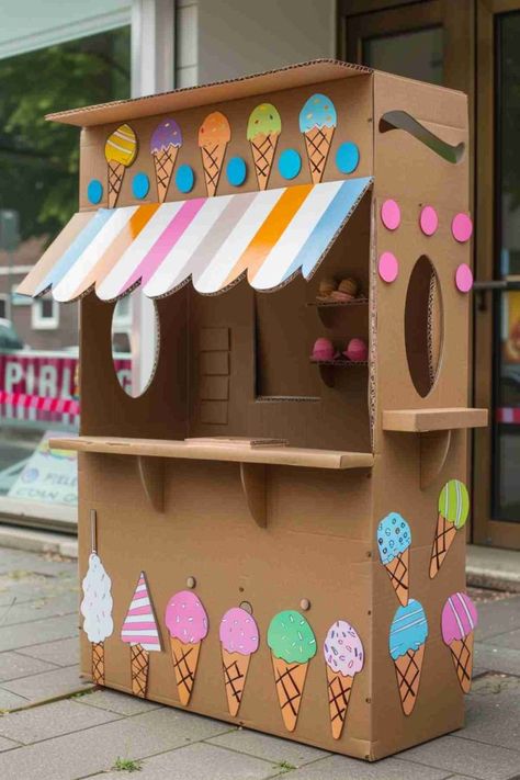 40 Cardboard Box Craft Ideas: Imaginative Projects for Kids Diy Toy Shop, Cardboard Box Play, Cardboard Farmers Market, Cardboard Project Ideas, Cardboard Market Stand, Cardboard Activities For Toddlers, Kids Cardboard Crafts, Carbord Craft Decor, Cardboard Mailbox Diy