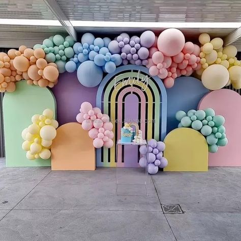 Cocomelon Pastel Theme, Cocomelon Backdrop Ideas, Rainbow Arch Backdrop, Easter Balloon Decor, Pastel Backdrop, Butterfly Birthday Party Decorations, Care Bears Birthday Party, Birthday Theme Decoration, Rainbow Backdrop