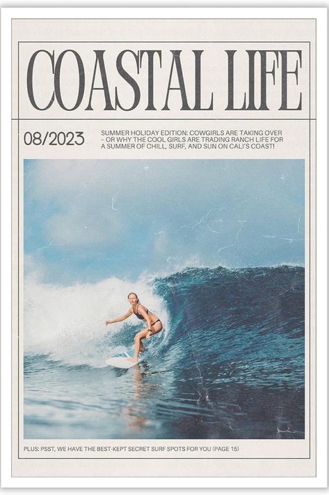 Girl surfing in blue water with the heading "Coastal life". Wall Poster. Surfboard Room Decor, Surfboard Room, Cowgirl Poster, Newspaper Canvas, Beach Wall Collage, Printable Wall Collage, Preppy Decor, Collage Mural, Coastal Room