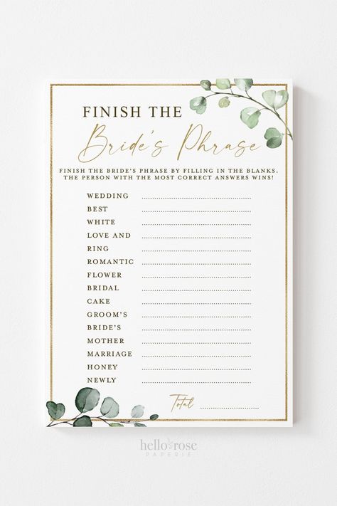 Finish the Bride's Phrase Bridal Shower Printable Game . Greenery and Gold . Fun Boho Game . Hens Bachelorette Party . Instant Download G2 #bridalshower #bridalshowergame #etsy #floralandgreenery #greeneryandgold #bohorusticgames #funbridalgames #howwelldoyouknowthebridebestgame #doyouknowthebridebest Finish The Brides Phrase, Bridal Word Scramble, Game Hens, Fun Bridal Shower Games, Gold Printable, Baby Word Scramble, Bridal Shower Printables, Bridal Shower Inspiration, Printable Bridal Shower Games