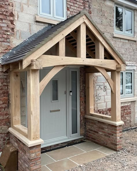 Looking for a stylish new porch in solid oak? We can supply in kit form for you to fit, or we can supply and fit, including any required brickwork etc. Just drop us a message and we’ll be happy to provide you with a bespoke quotation. #oakporch House Exterior With Front Porch, Oak Porch Bungalow, Wooden Porch Canopy, Oak Front Porch Ideas Uk, Green Oak Porch, Oak Porches Timber Frames, Oak Canopy Porch, Front Door Archway, Front Door Shelter