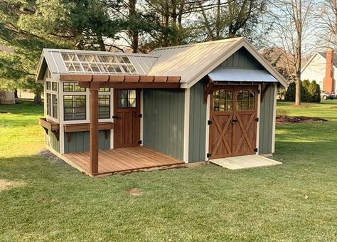 Shed House Porch Ideas, Shed To Tiny House Exterior, Sheshed Exterior Ideas, Add On To Shed How To Build, Greenhouse Off Shed, Exterior Shed Wall Ideas, Potting Shed With Greenhouse, Backyard Shed With Porch, Storage Building Paint Colors