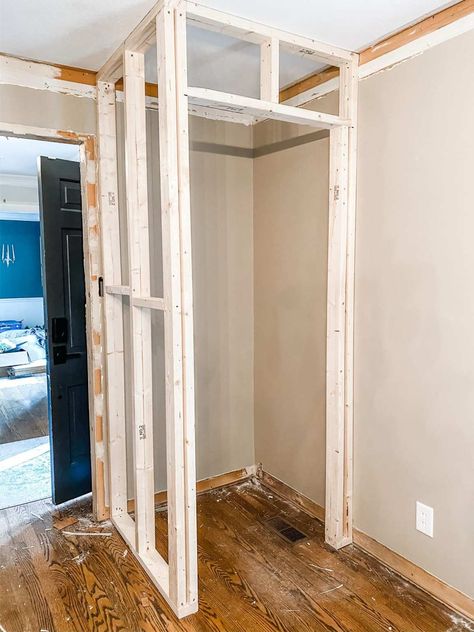 Build A Bedroom Closet, Diy Extra Room How To Build, How To Frame Out A Closet, Diy Freestanding Closet With Doors, Build A Closet Wall, Linen Closet Build, Building A Closet In A Room Diy, Framing A Door, Build A Closet In A Room