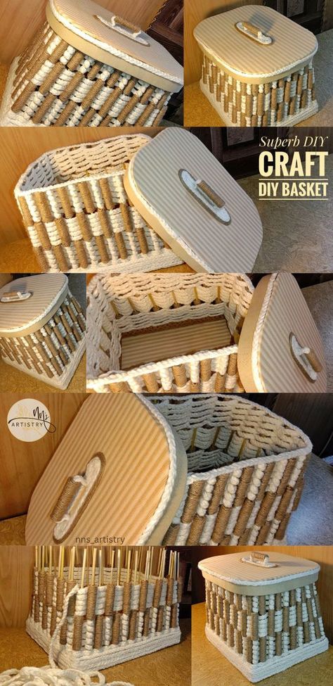 DIY crafts | DIY home decor | DIY gifts | DIY basket | DIY basket weaving | DIY storage boxes | DIY jute basket | DIY jute crafts | jute crafts | jute rope crafts | jute basket DIY | woolen crafts | woolen thread craft ideas | wooden skewers crafts | DIY cardboard crafts | cardboard box crafts | cardboard box diy | cardboard storage | cardboard basket DIY | DIY gifts | handmade carfts | storage and organization ideas | nns artistry Jute Thread Craft Ideas, Skewers Crafts, Woolen Thread Craft Ideas, Diy Jute Crafts, Diy Jute Basket, Jute Basket Diy, Thread Craft Ideas, Cardboard Basket, Woolen Crafts