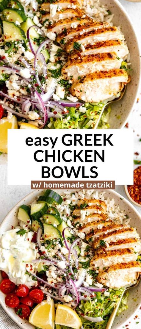 These lemon herb greek chicken bowls are easy to make, healthy and perfect for meal prep. These bowls are high in protein, loaded with veggies and gluten free with homemade tzatziki. Greek Bowl Meal Prep, Greek Bowls Chicken, Carb Free Dinner, Beginner Dinner Recipes, Chicken Greek Bowls, Greek Food Prep Bowls, Glp1 Meals, Greek Chicken Protein Bowl, Protien Meals Bowls