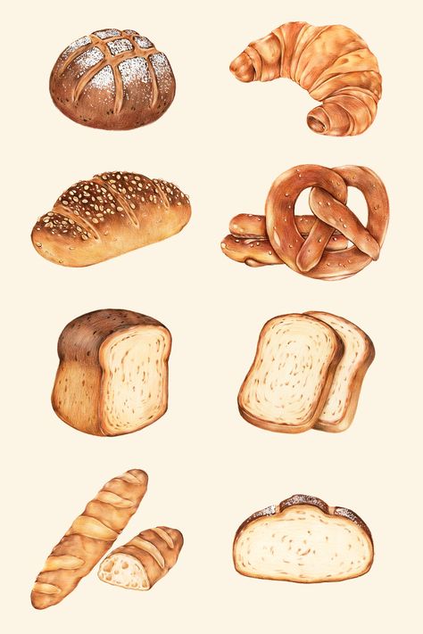 Food Stickers Drawing, Bread Illustration Design, How To Draw Food, Drawing Bread, Drawings Of Food, Food Drawing Ideas, Bread Drawing, Bread Illustration, Bread Sticker