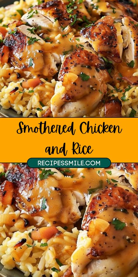 Enjoy a rich and creamy Smothered Chicken and Rice dish that combines tender chicken breasts with flavorful rice, vegetables, and a luscious sauce. Perfect for family dinners and easy to make, this recipe will become a staple in your home. Keywords: smothered chicken and rice, creamy chicken recipe, easy chicken dinner. Easy Meals For Dinner With Rice, Easy To Eat Meals, Chicken And Rice Prep Meals, Precooked Chicken Recipes Healthy, Rice Recipes Main Dishes, Homemade Supper Ideas, Easy Chicken And Brown Rice Recipes, Simple Homecooked Meals, Chicken And Rice On Stove Top