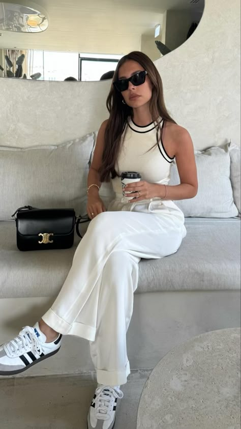 Chic Clean Girl Outfit, Springs Outfit 2024, Outfit For Summer 2024, Outfit For Spring 2024, White Shoes Aesthetic Outfit, Classy Clean Girl Outfits, Classy Clean Girl Aesthetic, Spring 24 Outfits, Samba Casual Outfit