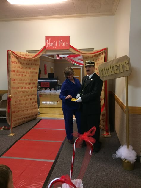 Polar Express Event Ideas, Polar Express At School, Polar Express Fundraiser, Polar Express Santa Pictures, Polar Express School Event, Polar Express Ward Christmas Party, Polar Express Entrance, Polar Express Themed Christmas Party, Polar Express School Activities