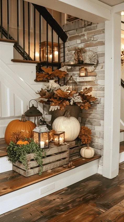 35+ Fall Living Room Decor Ideas Wooden Crates Fall Decor, Fall Decor For Ledge, Outside Autumn Decorations, Fall Archway Decor Indoor, Fall Interior Decor Living Rooms, Autumn Decoration Ideas, Fall Banister Decor, Fall Staircase Decor, Fall Decor Ideas For The Home Diy