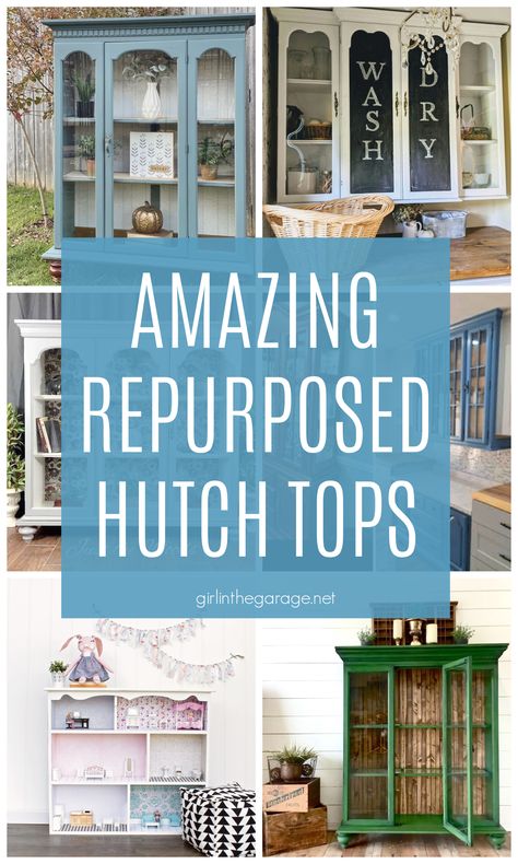 Amazing ideas to repurpose a hutch top from an old china cabinet! via Girl in the Garage Wall Mount Hutch, Hoosier Cabinet Top Repurposed, Kitchen Hutches Ideas, Kitchen Cabinets Out Of Old Hutches, Hutches As Kitchen Cabinets, Vintage China Cabinet Makeover Ideas, China Cabinet Turned Coffee Bar, Buffet Top Repurposed, China Cabinet Top Makeover