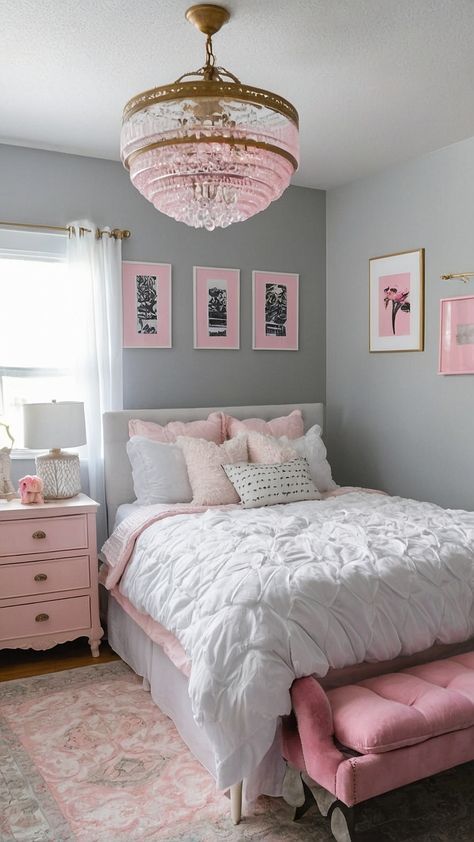 Pink Themed Bedroom Ideas, Pink White And Black Bedroom, Pink White And Grey Bedroom Ideas, Pink And Gray Bedroom Ideas, Gray And Pink Bedroom, Pink And Gray Bedroom, Pink Dorm, Pink Bedroom Ideas, Luxury Room Bedroom