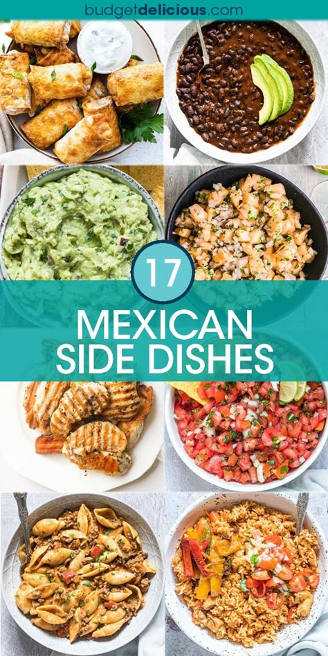 Cooking up an awesome Mexican fiesta or Cinco de Mayo parties and need some the easy Mexican side dishes to serve with it? Or just looking for some tacos side dishes, fajitas side dishes or side dishes for enchilada for use during taco tuesdays or weeknight dinner, lunches and brunch? Then find here some of the best Mexican sides including beans, rice, dips, tortillas, chips, chicken, churros and more. #mexican #sides #recipes #taco #fajita #enchiladas Taco Tuesday Recipes Sides, Mexican Side Dishes Recipes, Sides With Mexican Food, Mexican Lunch Party, Mexican Food Recipes Sides, Tamales And Side Dishes, Side Dish For Mexican Food, Birria Tacos Side Dishes, Mexican Food Recipes Side Dishes