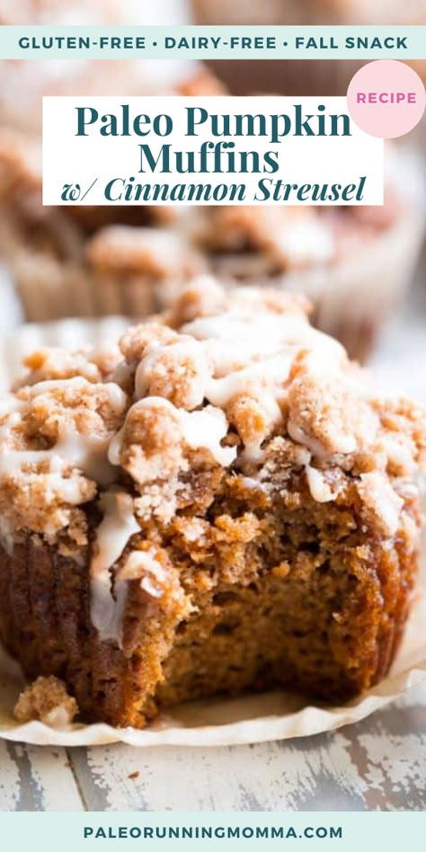 These paleo pumpkin muffins with cinnamon streusel are everything I love about fall baking! Moist, sweetly spiced pumpkin muffins are topped with the perfect streusel plus an optional maple icing! They’re a kid favorite and happen to be gluten-free, grain-free, and have a tested dairy-free option. Grain Free Pumpkin Recipes, Gluten Free Pumpkin Streusel Muffins, Gluten Free Fall Baking, Paleo Fall Desserts, Aip Muffins, Fall Healthy Desserts, Paleo Apple Muffins, Dairy Free Pumpkin Muffins, Grain Free Pumpkin Muffins