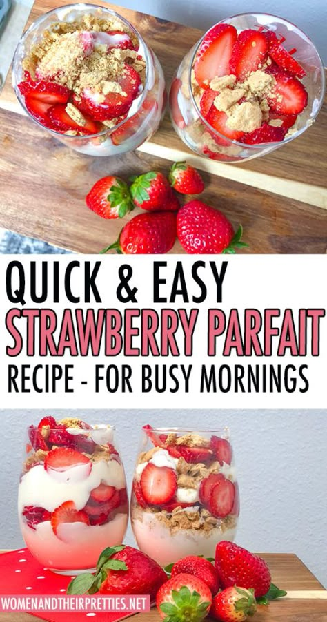 Quick & Easy Strawberry Parfait Recipe – for busy mornings! Easy Fruit Parfait Recipes, Strawberry Banana Parfait, Strawberry Parfait Cups, How To Make A Parfait, Strawberry Parfait Desserts, Parfait Desserts Easy, How To Make Parfait, Easy Parfait Recipes, Parfait Ideas