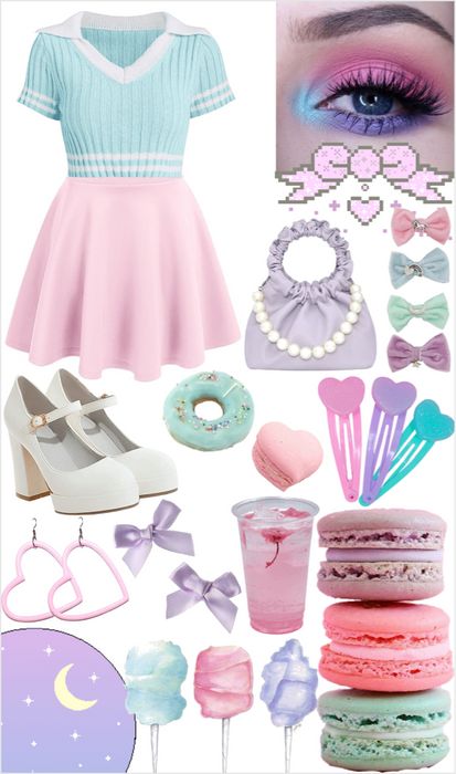 pastel sweets Outfit | ShopLook Candy Land Theme Outfits College, Pastel Pop Outfit, Candyland Outfit Ideas, Dessert Inspired Outfit, Pastelcore Aesthetic Outfits, Pastel Christmas Outfit, Pastel Witch Aesthetic Outfit, Candyland Outfit Women, Cute Outfit Boards