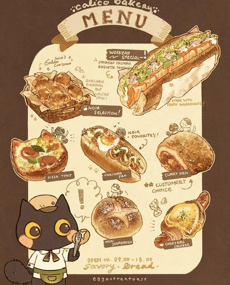 Cute Food Art Wallpaper, Vintage Cooking Aesthetic, Fantasy Food, Recipe Drawing, Food Doodles, 귀여운 음식 그림, Bakery Menu, Food Infographic, Foodie Art