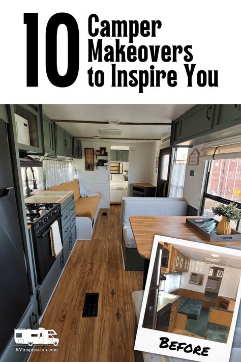 Before and after photos of 10 RV makeovers featuring painted walls and cabinets and new decor. Get ideas for your RV renovation! | rvinspiration.com #RVmakeover #RVrenovation #RVideas #RVmakeoverbeforeandafter #RVrenovationbeforeandafter Small Rv Makeover, Interior Rv Makeover, Rv Color Schemes, Boho Rv, Rv Makeover Ideas, Rv Camper Remodel, Camping Goals, Paint Rv, Rv Models