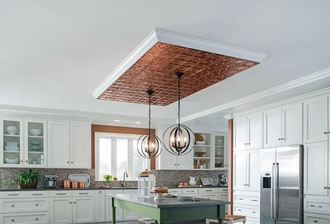 Use decorative metal panels to add some shine above your kitchen island or other focal point in your space. Kitchen Ceiling Ideas, Beautiful Ceiling Designs, Kitchen Ceilings, Decorative Ceiling Panels, Sloping Ceiling, Kitchen Ceiling Design, Accent Ceiling, Tin Ceilings, Armstrong Ceiling