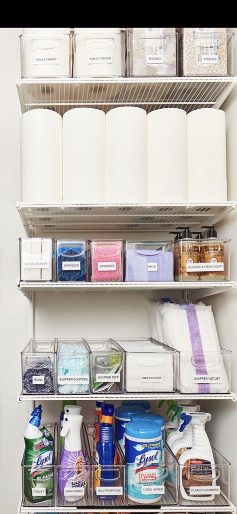 Laundry Room Paper Towel Storage, Organised Cleaning Cupboard, Cleaning Supplies Organization Small Space, Bathroom Stockpile Organization, Extra Household Supplies Storage, Wash Rag Storage, In Cabinet Storage Ideas, Mailroom Organization, Cleaning Stuff Organization