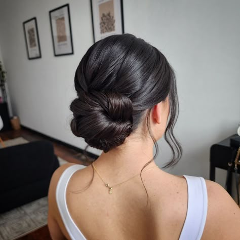 RI & MA Hair & Makeup Artist | Miranda Berube | That clean texture thoooooo. ✨ These types of low bun styles are so popular - and for a good reason! 💗 Classic, elegant, and timeless.… | Instagram Wedding Bridal Bun Hairstyles, Low Bun Wedding Hair Black Hair, Low Bun Off The Shoulder Dress, Bridal Low Bun Natural Hair, Hair Buns Wedding, Wedding Bun Hairstyles Brunette, Low Clean Bun Wedding, Low Bun With Tendrils, Bridal Hairstyles For Thick Long Hair