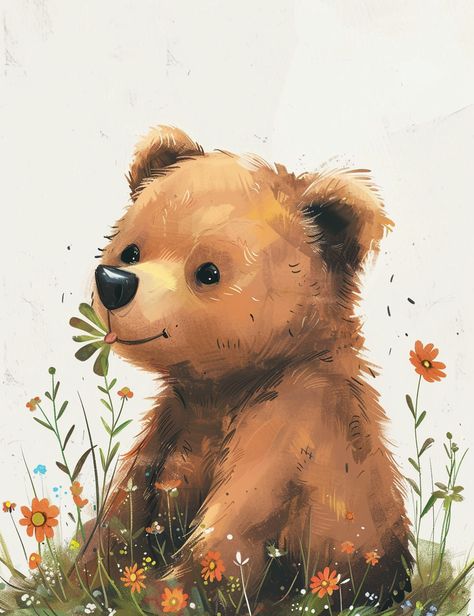 Each page features endearing illustrations of bears enjoying the delights of the season, from picnicking in lush meadows to exploring vibrant gardens filled with blooming flowers. Cute Zeichnungen, Bear Paintings Easy, Bear Illustration Cute, Bear Illustration Art, Bear With Flowers Drawing, Woodland Bear Illustration, Cute Bear Illustration, Teddy Bear Holding Flowers Drawing, Teddy Bear Illustration