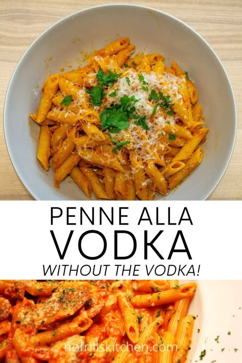 Want to make penne alla vodka but don't have the eponymous ingredient? Check out this penne alla vodka without vodka recipe! Vodka Penne Pasta, Penne Vodka Sauce, Penne Alla Vodka Recipe, Lite Cravings, Ww Pasta, Penne Vodka, Pasta Alla Vodka, Vodka Sauce Recipe, Vodka Sauce Pasta