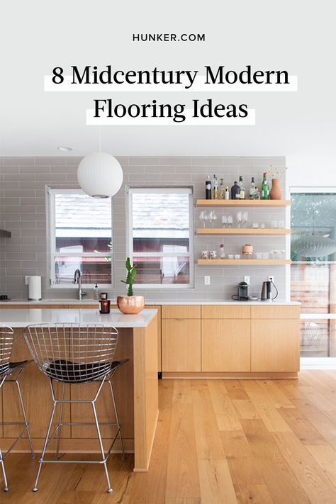 If you're looking to add some midcentury flair to your kitchen, don't forget about the kitchen flooring! Check out some of the best flooring materials you can use in a midcentury modern renovation. #hunkerhome #midcenturymodern #kitchen #kitchenideas #flooring Midcentury Modern Wood Flooring, Mid Mod Flooring, Kitchen With Laminate Flooring, Midcentury Flooring Ideas, Midcentury Modern Renovations, Mid Century Wood Flooring, Mid Century Modern Lvp Flooring, Mid Century Modern Kitchen Design Ideas, Mid Century Modern Renovation Interiors