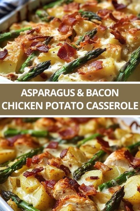 Asparagus & Bacon Chicken Potato Casserole Chicken Potato Casserole With Bacon And Asparagus, Meals That Go With Asparagus, Asparagus Bacon Chicken Potato Casserole, Chicken Bacon Asparagus Recipes, Potato’s And Chicken, Recipes With Asparagus Dinners, Chicken Rice Asparagus Recipes, Asparagus And Chicken Recipes, Chicken Potato Asparagus