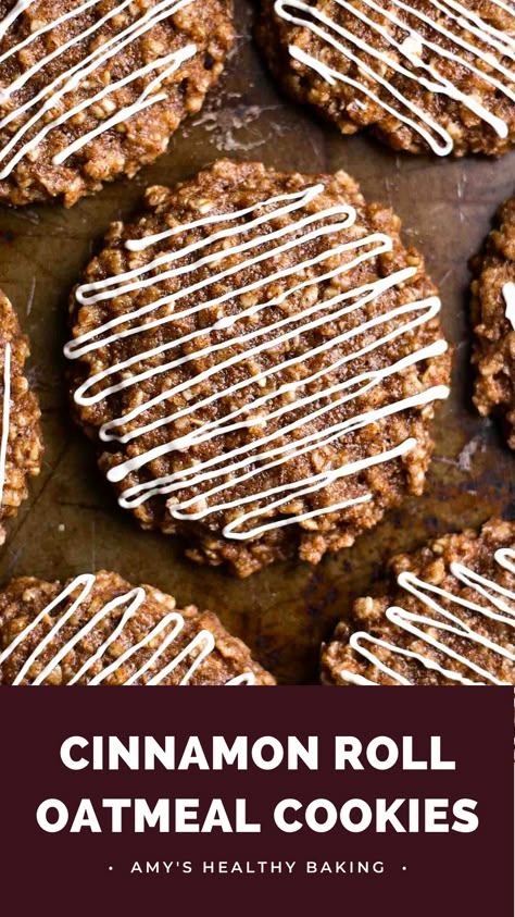 An easy recipe for chewy oatmeal cookies that taste like cinnamon rolls with with a cream cheese drizzle! Only 97 calories — but they don’t taste healthy at all! ♡ Cinnamon oatmeal cookies healthy. Easy oatmeal cookies recipe. Low calorie oatmeal cookies. Easy Oatmeal Snacks, Desserts With Oats Healthy, Simple Healthy Cookies, Healthy Recipes With Rolled Oats, Cinnamon Roll Oatmeal Cookies, Oat Cookies Low Calorie, Easy Oatmeal Desserts, Rolled Oats Dessert, Oatmeal Recipes Snacks