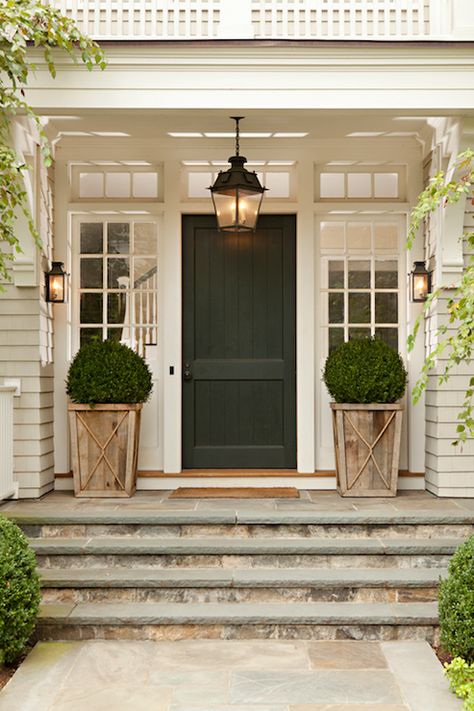 Flagstone Steps - Transitional - home exterior - Thornton Designs Front Porch Garden, Front Porch Steps, Front Door Steps, Front Porch Planters, Front Stairs, Door Planter, Entry Lighting, Porch Planters, Farmhouse Front Door